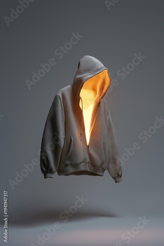 Hoodie floating in the air with a glowing interior in a dark space at a creative studio
