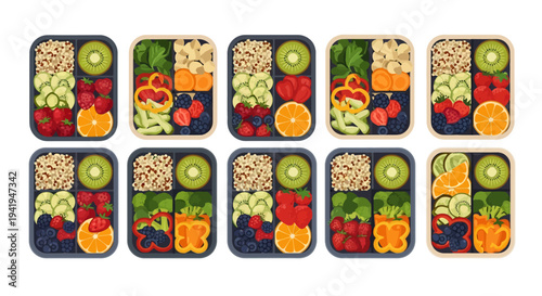 Colorful bento lunch boxes with fresh fruits and vegetables in a grid layout