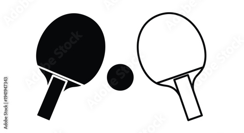 Table tennis paddles and ball black and white graphic silhouette