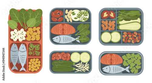 Colorful set of fresh meals in bento boxes with fish and vegetables