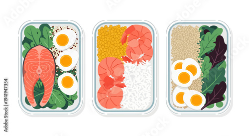 Healthy meal prep with salmon and prawn bowls featuring fresh vegetables and eggs