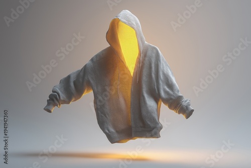 Floating gray hoodie with a glowing interior in a minimalist studio setting