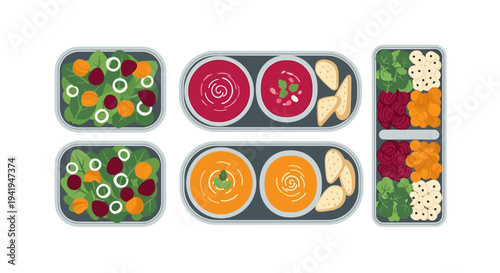 Flat design healthy meal with salads, soups, and vegetables in containers