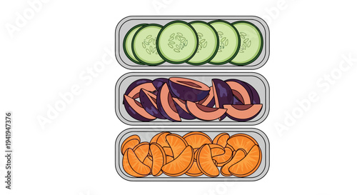 Colorful sliced fruits and vegetables in containers for healthy eating