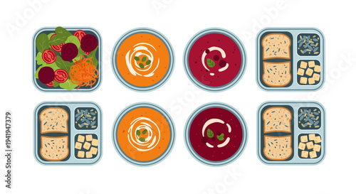 Colorful meal prep containers with healthy lunch options in flat style