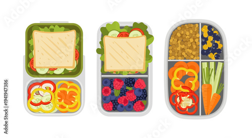 Colorful lunch boxes filled with fresh and healthy ingredients in flat design