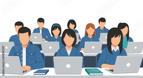 Group of students studying in classroom with laptops in flat design