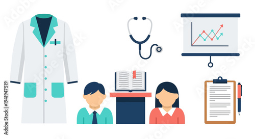 Healthcare education icons: medical attire, stethoscope, graph presentation, students, open book, checklist