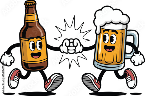 Funny beer bottle and mug cartoon mascots doing fist bump, cheerful craft beer characters vector illustration for brewery branding, pub advertising and drink design