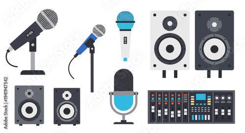 Modern flat microphone and audio equipment set for music production and podcasting