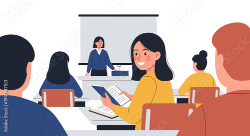 Diverse classroom scene with engaged students and teacher presentation in flat style