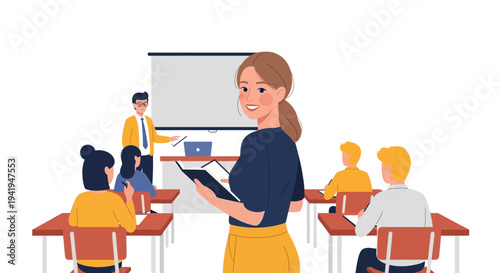 Teacher conducting classroom lecture with engaged students and interactive presentation