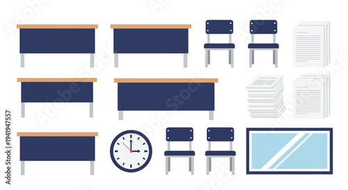 Classroom furniture and supplies collection for education design projects