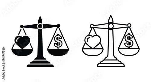 Scales of justice depicting love versus money a black silhouette