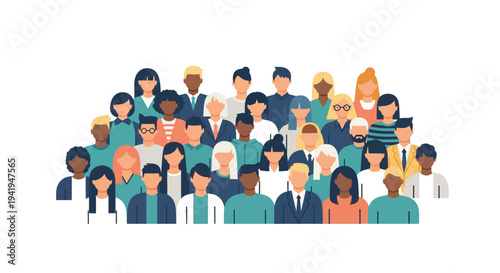 Diverse group of people in flat cartoon style with casual and professional attire