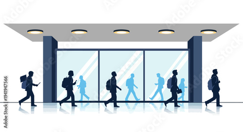 Commuters silhouette in motion at modern glass building entrance