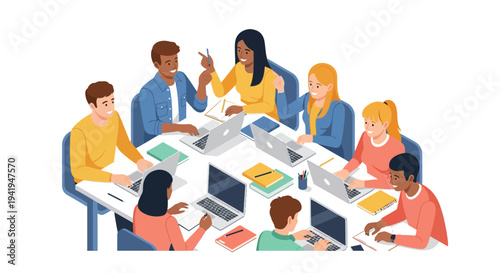 Collaborative teamwork meeting with diverse colleagues using laptops at a large conference table