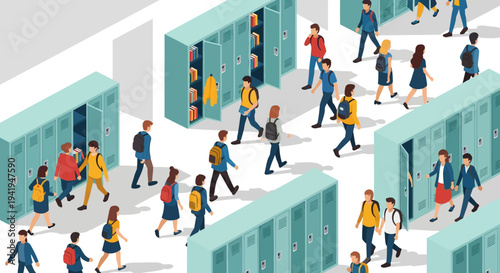 Busy school hallway scene with students and lockers in isometric style
