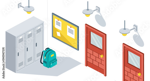 Isometric school corridor with lockers and backpack in modern 3d style