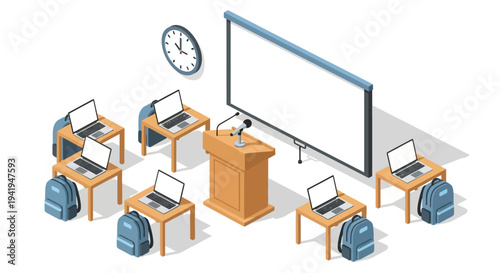 Isometric classroom setup with laptops and backpacks for modern learning