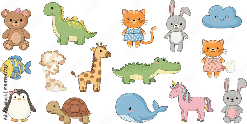 Obraz premium Cute Animal Cartoon Icons Set Featuring Teddy Bear, Dinosaur, Cat, Rabbit, and More for Kids' Designs\