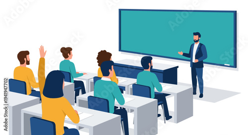 Classroom learning scene with diverse students and teacher engaging in education