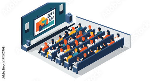 Isometric audience watching presentation in modern conference room