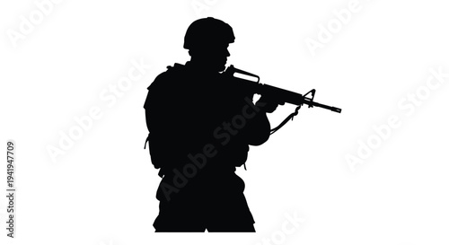 Soldier with rifle aiming forward in stark black silhouette