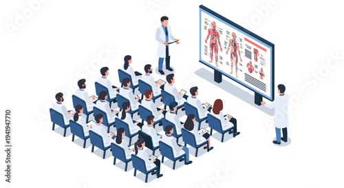 Isometric medical seminar with doctors studying human anatomy on a large screen presentation