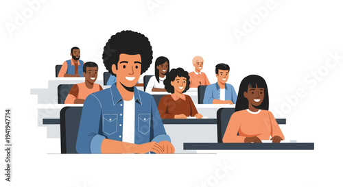 Diverse classroom engaged students learning lecture illustration