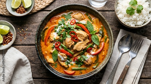 Delicious Thai Red Curry with Chicken, Vegetables, and Herbs in a Ceramic Bowl on a Wooden Table with Rice and Lime