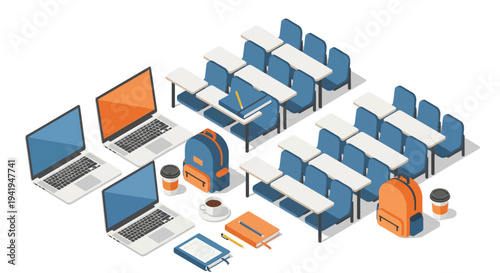 Isometric classroom setup with laptops, desks, and school supplies