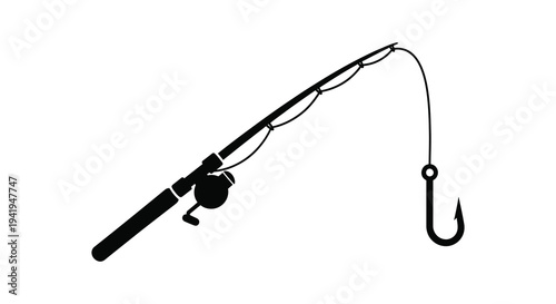 A stark black fishing rod with line and hook presented as a simple silhouette high quality