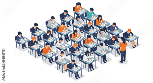 Isometric classroom scene with students taking exams and teacher observing