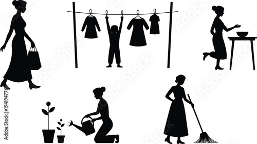 Housewife daily activities silhouettes including shopping, laundry, cooking, gardening and cleaning, black female household routine icons isolated on light background
