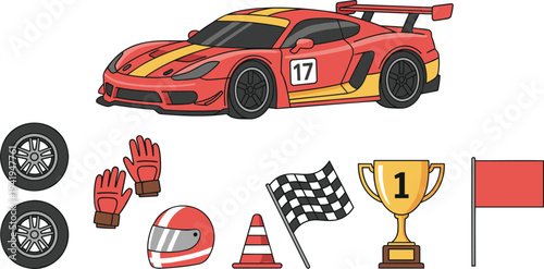 Red sports racing car vector collection featuring professional motorsports elements including checkered flag trophy helmet and tires.