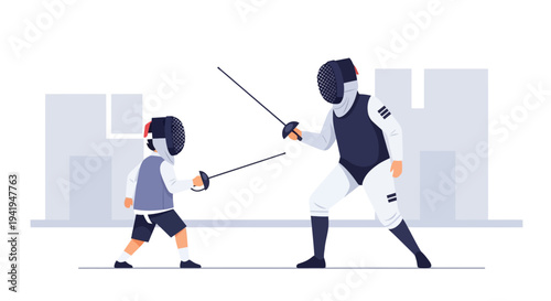 Father and child fencing match in minimalist style