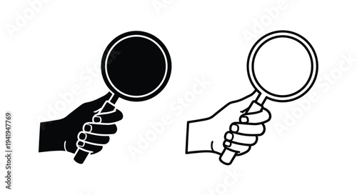 Two magnifying glasses one solid and one outlined in a hand silhouette