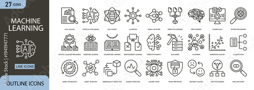 Machine learning icons set showing algorithms, neural networks, data processing, automation and artificial intelligence systems in modern outline style.
