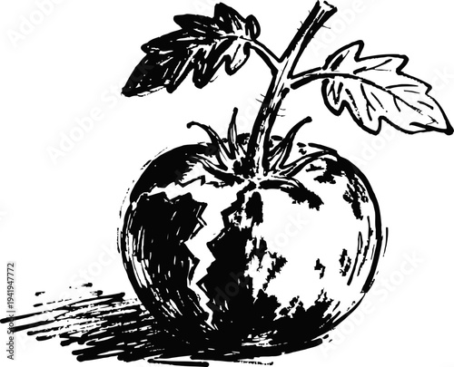 Vintage cracked tomato with leaves sketch fresh garden vegetable illustration with detailed shading and texture