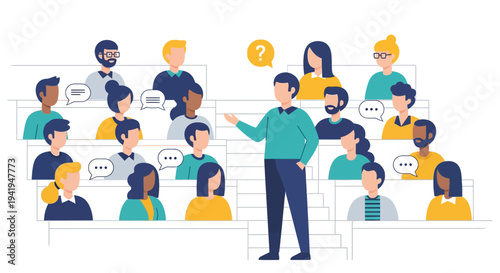 Diverse audience engaging in a seminar with man answering questions and discussing ideas