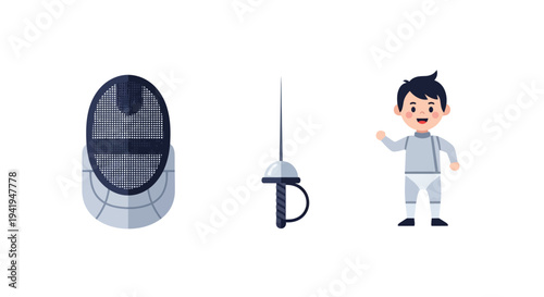 Fencing gear and enthusiastic young fencer in minimalist style