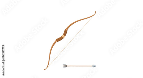 Realistic wooden bow and arrow on white background