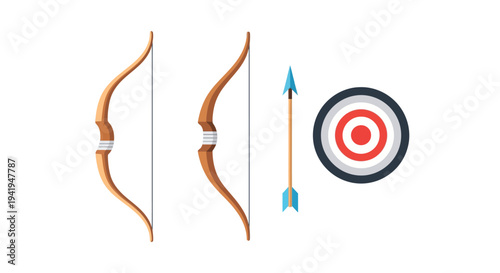 Archery equipment set: bow and arrow with target icon on white background