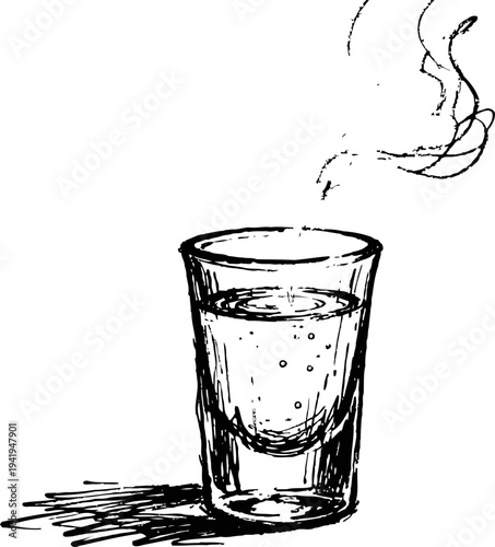 Steam rising from a hot glass of water on a white background hand drawn sketch of boiling beverage