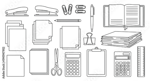 An assortment of common office supplies are neatly arranged in a linear illustration silhouette high quality