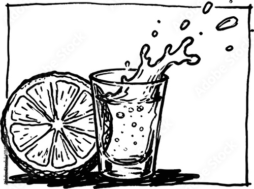 Lemon and splash juice in glass, citrus fruit slice with drops, refreshing natural drink illustration