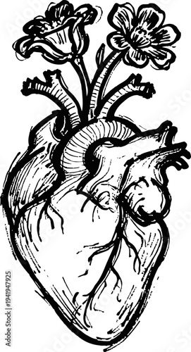 Anatomical heart illustration with blooming flowers growing from its arteries and veins