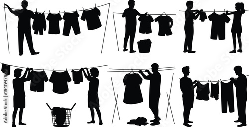 People hanging laundry silhouettes collection, men and women drying clothes on clothesline, black household chore activity icons isolated on light background