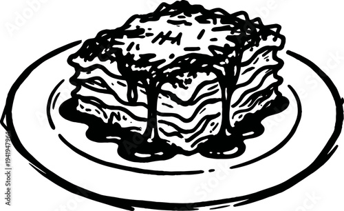 Lasagna slice on plate with sauce dripping, classic italian layered pasta dish illustration